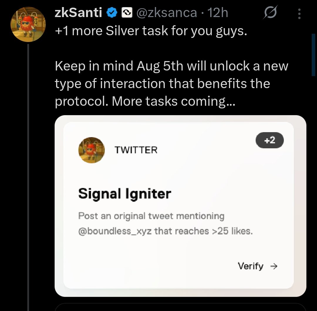 BhupendraHash_'s tweet image. Boundless added new silver task
Your post about boundless has to reach 25+ likes
Keep in mind that community posts don't count as of now
Keep your content original and fresh
Although i didn't reach even 10+ likes on any post, maybe i am not posting bangers
Still trying :)