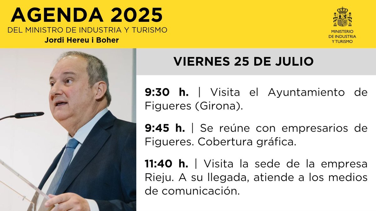 minturgob's tweet image. Buenos días 🗓 Agenda pública del ministro @jordihereub para este viernes 25 de julio.