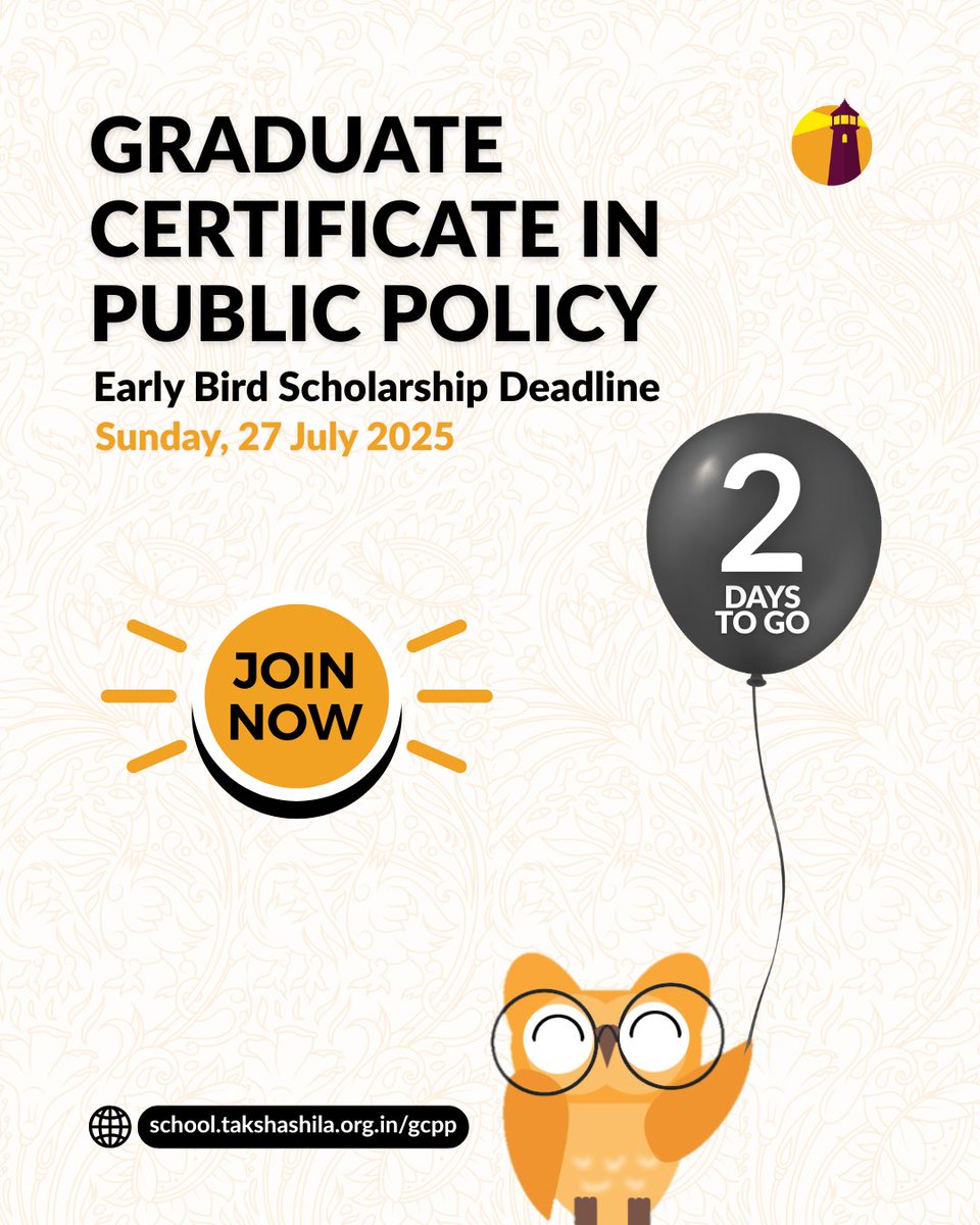 TakshashilaInst's tweet image. The early bird is halfway out the door. You’ve got 2 days to catch it! Apply now for the Graduate Certificate in Public Policy: school.takshashila.org.in/gcpp