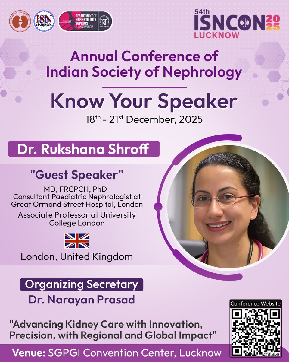 Isncon25's tweet image. π€ Know Your Speaker β ISNCON 2025
Welcoming Dr. Rukshana Shroff π¬π§
Guest Speaker | Paediatric Nephrologist, London
π 18β21st Dec, 2025
π SGPGI Convention Center, Lucknow
Theme: Advancing Kidney Care with Innovation & Precision
ISNCON Website : isncon2025.com