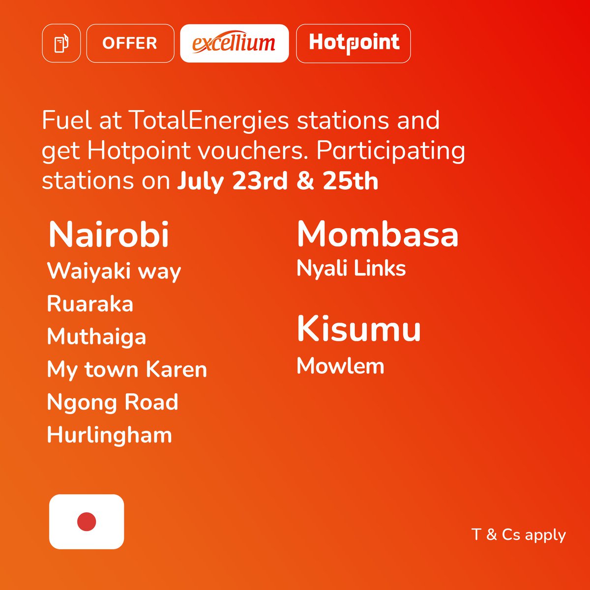 TotalEnergiesKE's tweet photo. Fuel up with KES 2,000 or more ⛽ at participating TotalEnergies stations and get a Hotpoint voucher 🎟️. T&amp;C apply. Swipe to see stations. This offer is available between 9:00 AM and 5:30 PM  #TheseVouchersArePlenty #ComeAndGetThem #vouchers https://t.co/0foPoUCllV