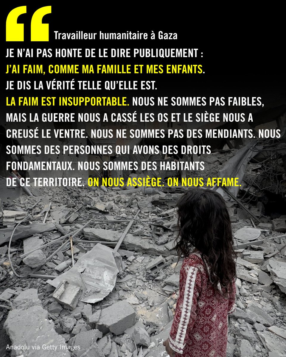 🎙️ « Je n’ai pas honte de le dire publiquement : j’ai faim, comme ma famille et mes enfants »

Un travailleur humanitaire témoigne depuis #Gaza, où la famine s’installe sous les bombes.

Son témoignage 👉 amnesty.be/Temoignage-fam…

#Famine #StopGenocideGaza