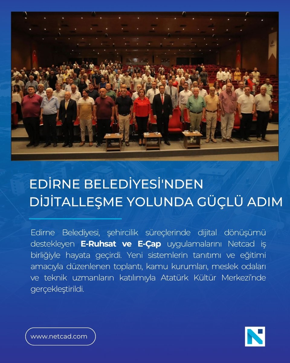 netcadim's tweet image. Edirne Belediyesi, şehircilik süreçlerinde dijital dönüşümü destekleyen E-Ruhsat ve E-Çap uygulamalarını Netcad iş birliğiyle hayata geçirdi.

Haberin detayları için; netcad.com/blog/edirne-be…

 #EdirneBelediyesi #Netcad #DijitalDönüşüm #Eruhsat #Eçap #Dijitalleşme