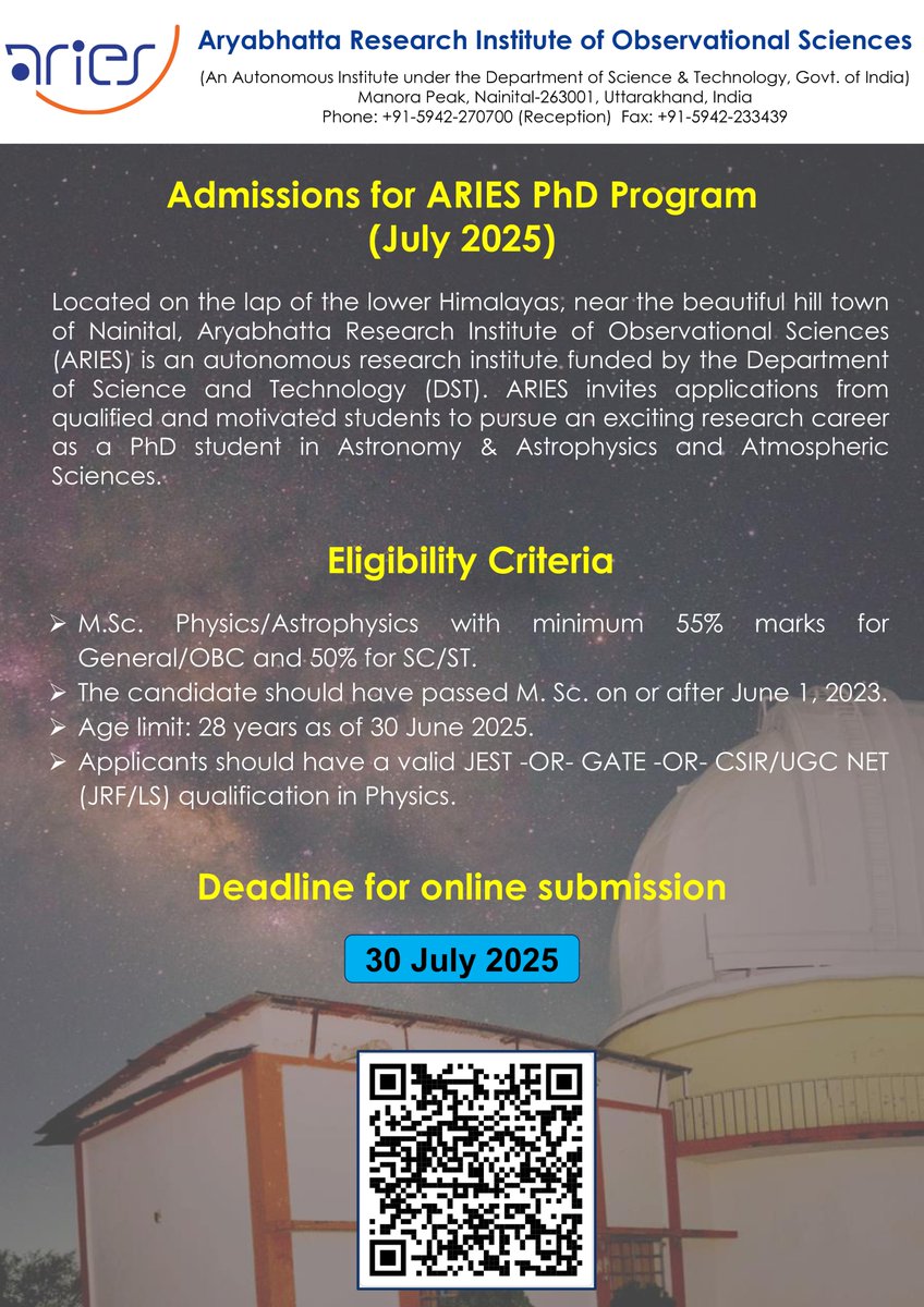 ARIES (@ariesnainital) on Twitter photo Online applications for ARIES PhD program (July 2025) in Astronomy & Astrophysics / Atmospheric Sciences r open
🗓️Deadline: 23:59, 30/07/2025
Details & application:
aries.res.in/opportunities/…
<a href="/DrJitendraSingh/">Dr Jitendra Singh</a> <a href="/IndiaDST/">DSTIndia</a> <a href="/asipoec/">Astronomical Soc. India Outreach and Education</a>
#Research #PhD #PhDposition #PhDFellowship #PhDinIndia Online applications for ARIES PhD program (July 2025) in Astronomy & Astrophysics / Atmospheric Sciences r open
🗓️Deadline: 23:59, 30/07/2025
Details & application:
aries.res.in/opportunities/…
<a href="/DrJitendraSingh/">Dr Jitendra Singh</a> <a href="/IndiaDST/">DSTIndia</a> <a href="/asipoec/">Astronomical Soc. India Outreach and Education</a>
#Research #PhD #PhDposition #PhDFellowship #PhDinIndia