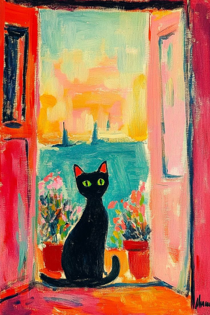 EVADRAGAN's tweet image. Henry Matisse style art, cat landscape