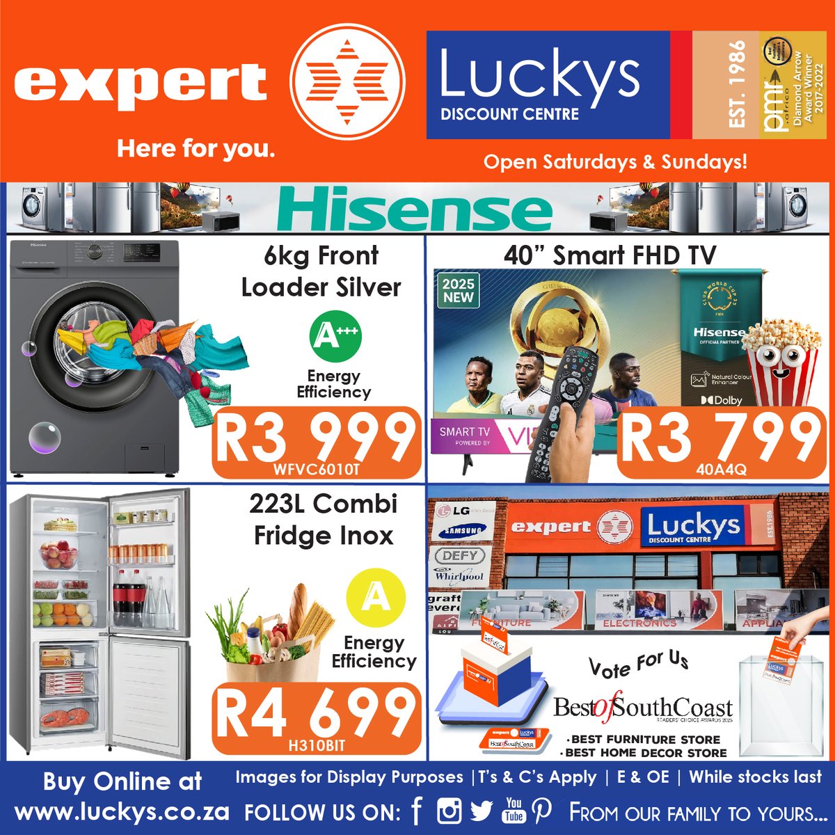 Enhance your living space with premium Hisense products at amazing prices! Purchase a Hisense TV, Fridge, or Washing Machine online today for delivery anywhere in South Africa. 🏡🛒🚚
luckys.co.za/featured-deals/
T&amp;C's Apply | E&amp;OE | Online &amp; In Store | Limited Stock
#FeaturedDeals
