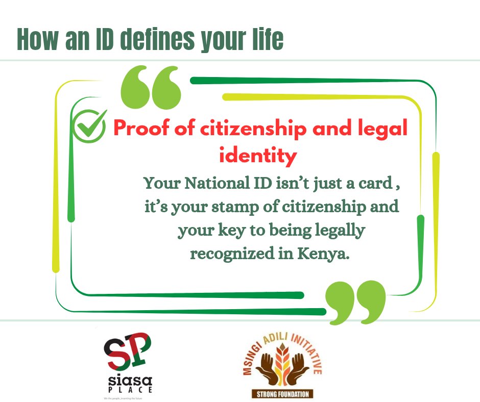 From rights to access your legal identity starts with your national ID, it’s your official proof of Kenyan citizenship. It confirms who you are, connects you to your rights, and unlocks access to opportunities like education, jobs, healthcare, and voting. #SiasaYaID <a href="/siasaplace/">Siasa Place</a>