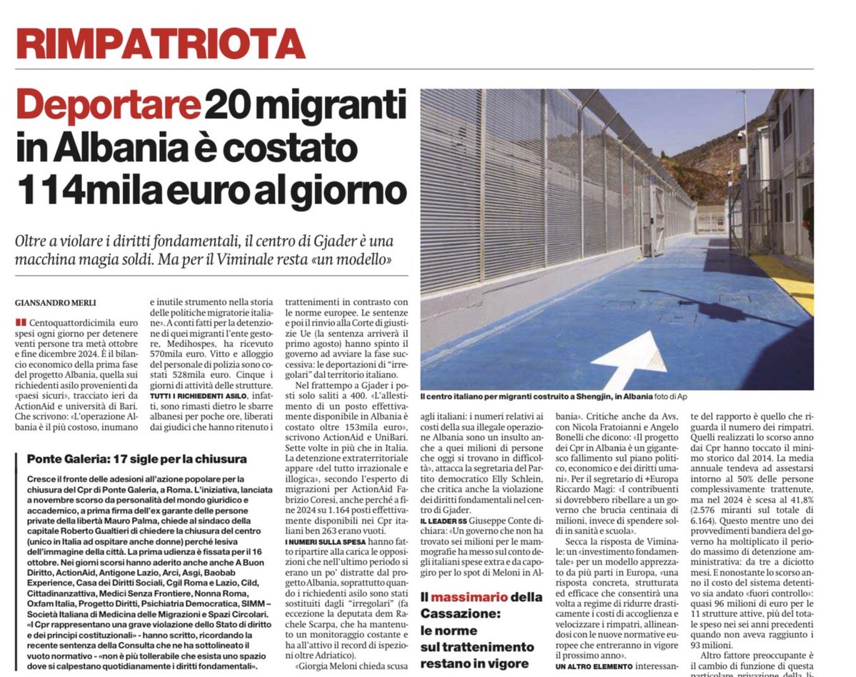 konomoronao's tweet image. FUN-ZIO-NE-RAN-NO in realtà il centro in Albania non funziona ma oltre a violare ì diritti fondamentali é costato 114 mila euro al giorno.
