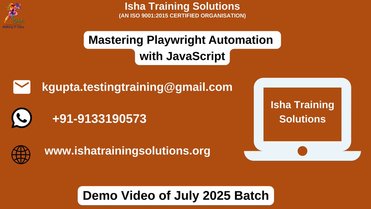 IshaKumargupta's tweet image. “Mastering Playwright Automation with JavaScript”-Demo Video
youtu.be/skw2Qqx_pS
Regular sessions will start from:
25th July @ 9 PM(IST)/25th July @ 11:30 AM(EST)
Course Price: 6,900 INR/89 USD
Call/WhatsApp:9133190573
#PlaywrightJS #PlaywrightTest