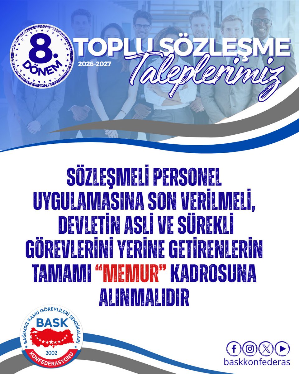 Sözleşmeli personel uygulamasına son verilmeli, Devletin asli ve sürekli görevlerini yerine getirenlerin tamamı “memur” kadrosuna alınmalıdır.

#TopluSözleşme
#Memur
#sözleşmeli