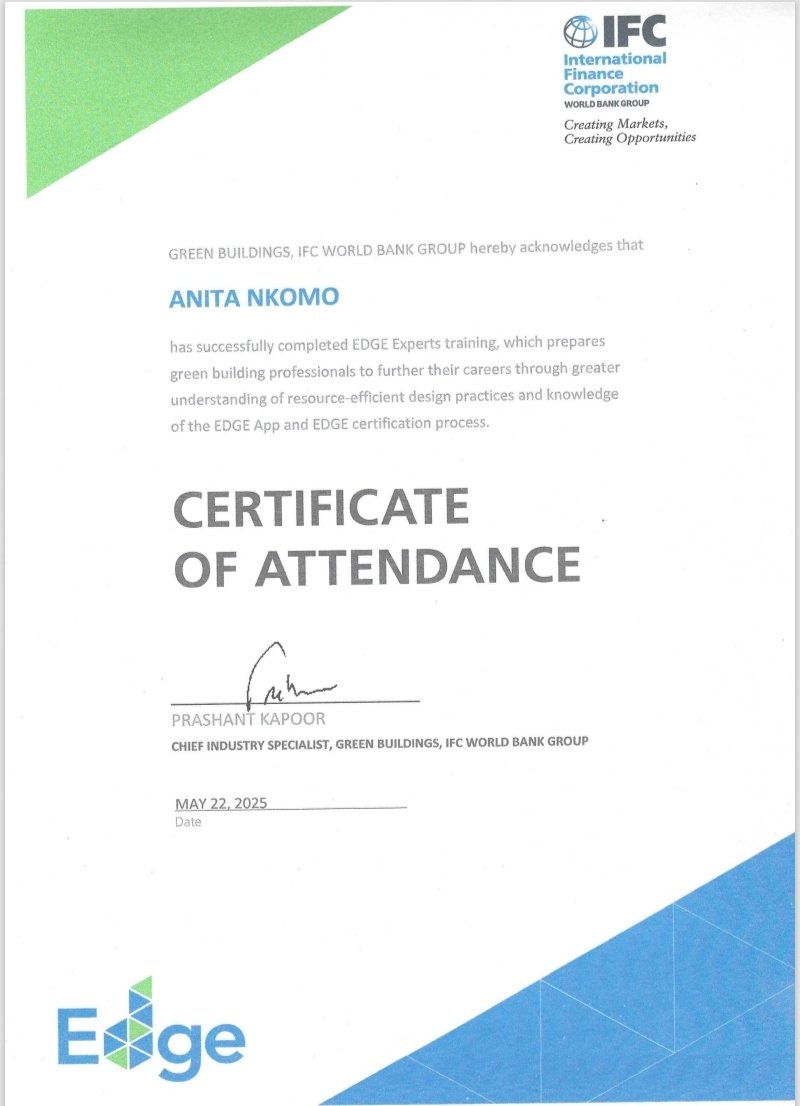 Massive congrats to our very own Anita Nkomo on being awarded EDGE Expert in Training by @GreenBuildingOrg! 🌟💚️ Proud to have her on our #CIFOZ team driving sustainable construction practices! 🙌🎉 #Sustainability #GreenBuilding