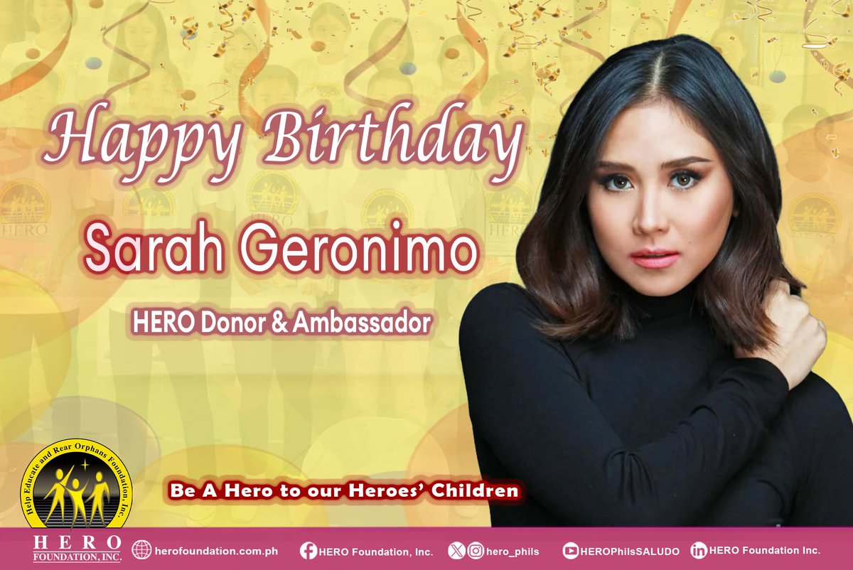 Warm birthday greetings to Asia’s Popstar Royalty, our HERO Donor &amp; Ambassador, Sarah Geronimo-Guidicelli <a href="/JustSarahG/">Sarah Geronimo</a>. We are thankful for your continuous support.
Wishing you success in your career.
#SarahGeronimo #CelebrateLife #BeAHeroToOurHeroesChildren #HeroFoundation
