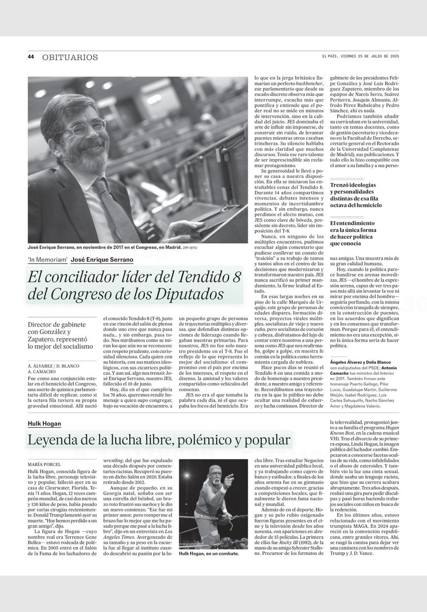 Un grupo de ex diputados/as (el “legendario” #Tendido8 del Congreso) rendimos homenaje a “uno de los nuestros”, el más discreto de entre los influyentes y el más influyente de entre los discretos, Jose Enrique Serrano, que hoy hubiera cumplido 76 años. elpais.com/espana/2025-07…