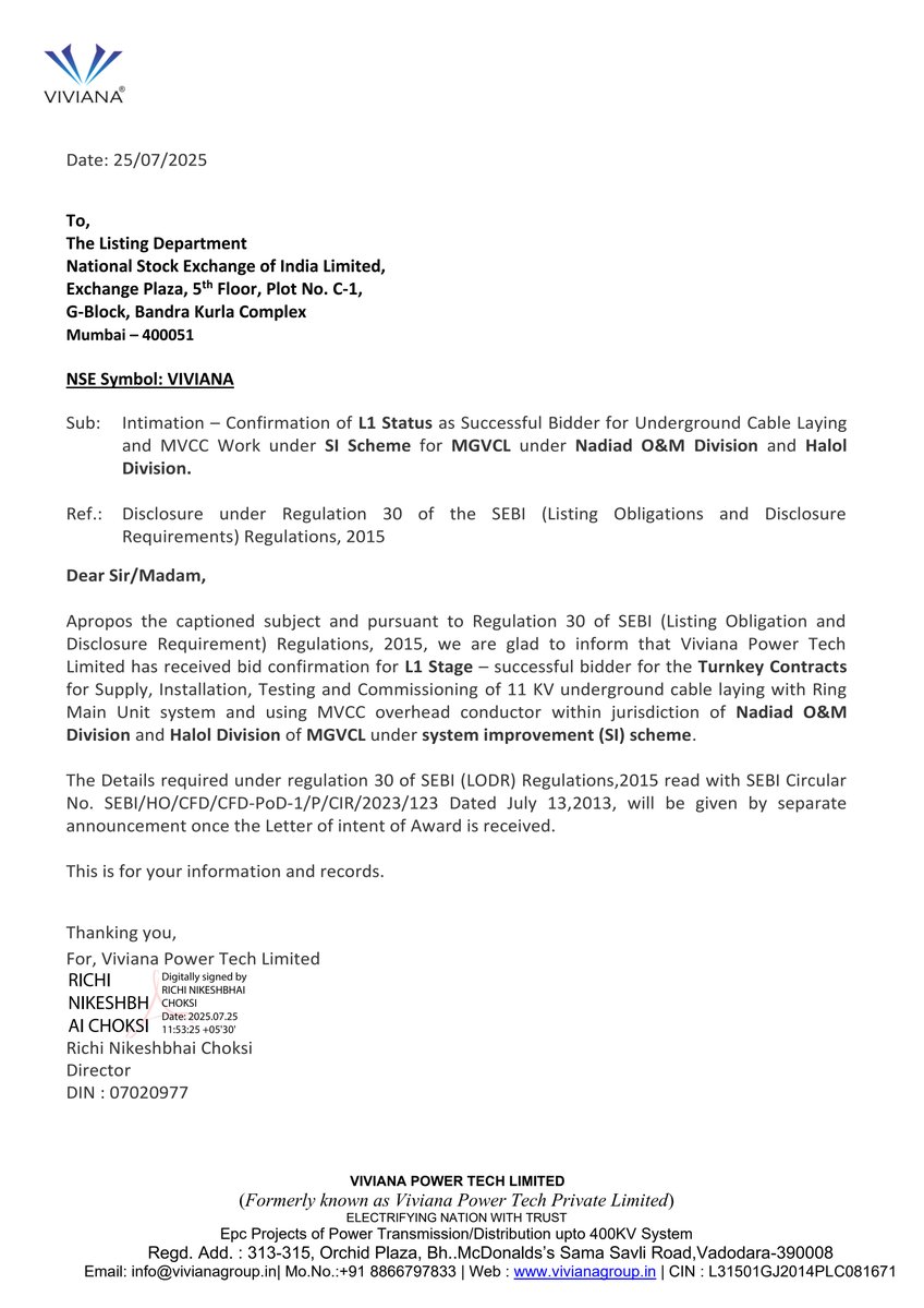 nileshkurhade's tweet image. 📌 Viviana Power Tech Limited informed the exchange about receiving bid confirmation for L1 Stage – successful bidder for the Turnkey Contracts for Supply, Installation, Testing and Commissioning of 11 KV underground cable laying with Ring Main Unit system and using MVCC overhead…