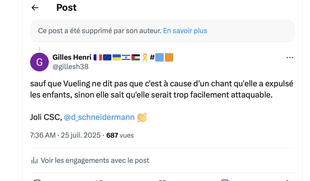 gillesh38's tweet image. ah le post de @d_schneidermann disant que c'était normal d'interdire de chanter en hébreu dans les avions (ce qui n'est pas l'argument de Vueling...) a été supprimé. Quelqu'un a fait une copie d'écran ? 🤣