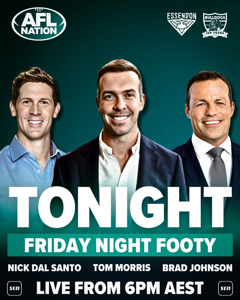 AFL Nation (@aflnation) on Twitter photo Big pre-game coming up tonight before #AFLDonsDogs !
<a href="/tommorris32/">Tom Morris</a> hosting with Brad Johnson and Nick Dal Santo.
<a href="/westernbulldogs/">Western Bulldogs</a> Ameet Bains and <a href="/essendonfc/">Essendon FC</a> Craig Vozzo to join us! Big pre-game coming up tonight before #AFLDonsDogs !
<a href="/tommorris32/">Tom Morris</a> hosting with Brad Johnson and Nick Dal Santo.
<a href="/westernbulldogs/">Western Bulldogs</a> Ameet Bains and <a href="/essendonfc/">Essendon FC</a> Craig Vozzo to join us!