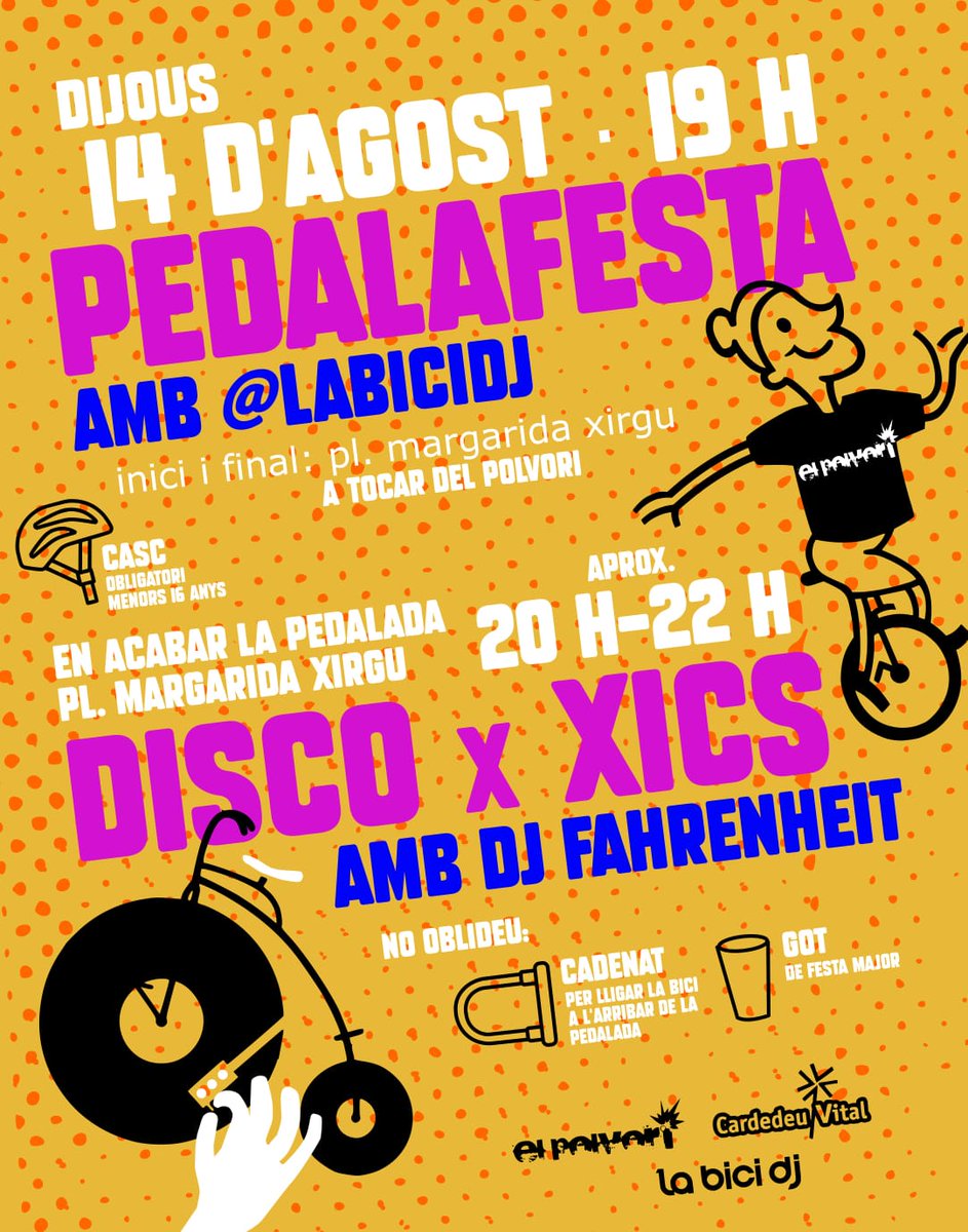El dia més ciclable de la Festa Major serà el dijous 14 d'agost!
I quan acabi la Pedalafesta amb labicidj 🚴🏻‍♂️🚴🏻‍♂️🔊🔊🎶🚴🏻‍♂️🚴🏻‍♂️ començarà la Disco per Xics amb Dj Fahrenheit 👦🧒👧🎛🔊🎚🎧👦👧🧒
Guardeu-vos la tarda i el vespre!!!