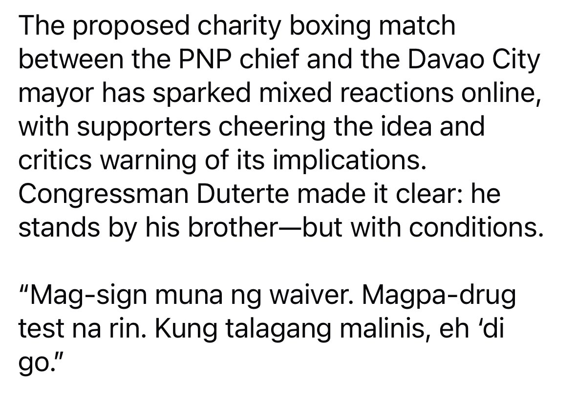 tinapperez's tweet image. Davao City Rep Pulong Duterte has called on PNP Chief Gen Torre to sign a waiver to absolve Davao City VM Baste Duterte of any legal liability in their boxing match. Duterte also supported the vice mayor’s call for drug tests for all elected officials. @gmanews @gmanewsbreaking