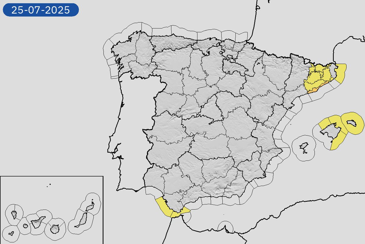 AEMET_Esp's tweet image. 25/07 08:42 Avisos activos hoy en España por costeros, tormentas y lluvias. Nivel máximo de aviso: naranja.
Actualizaciones en aemet.es/es/eltiempo/pr…
