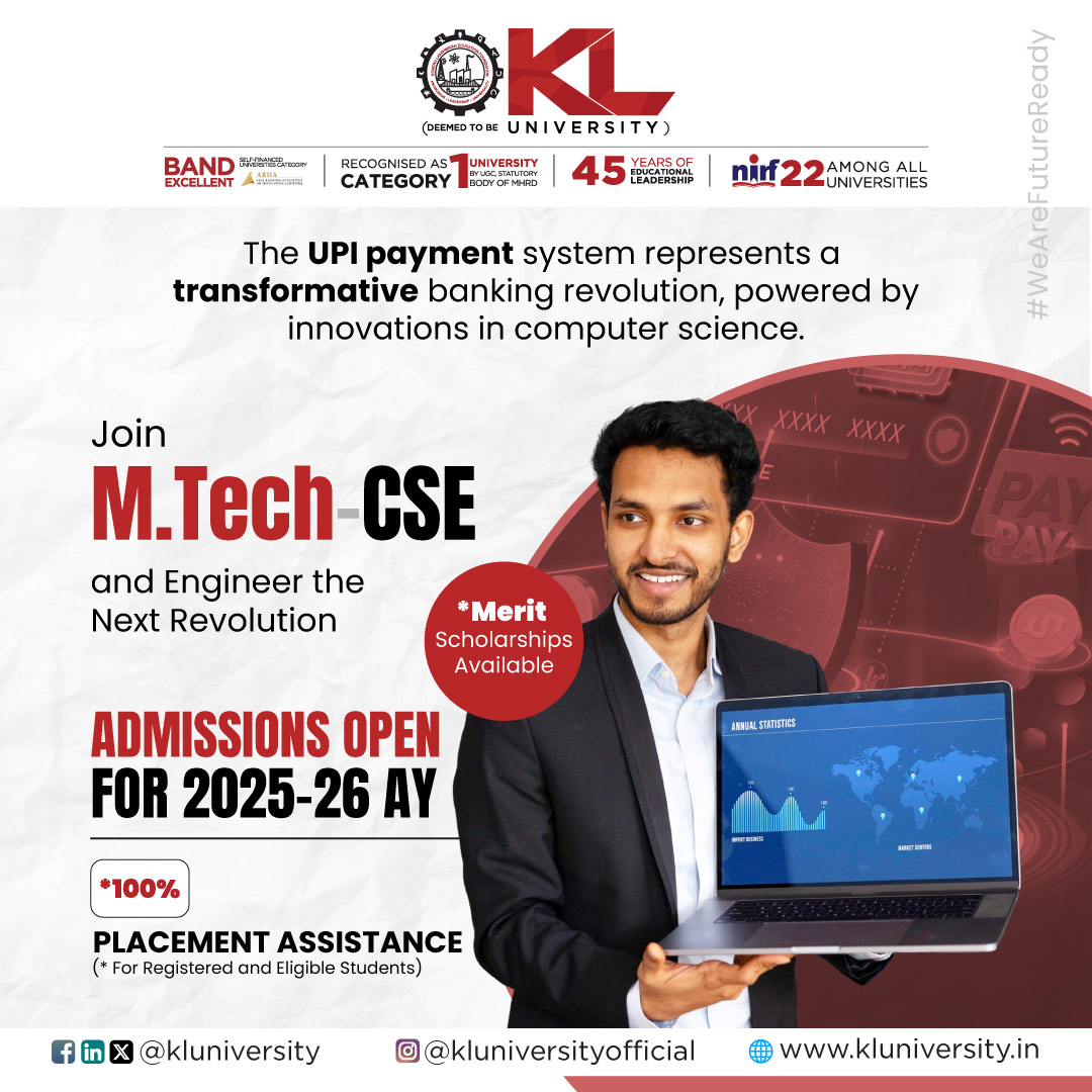 kluniversity's tweet image. M.Tech CSE at KL University
Learn the tech behind UPI. Master algorithms, security &amp;amp; innovation to lead the next digital revolution.

Apply Now: kluniversity.in/admissions-202…

#KLU #mtechcse #mtechadmissions #cse