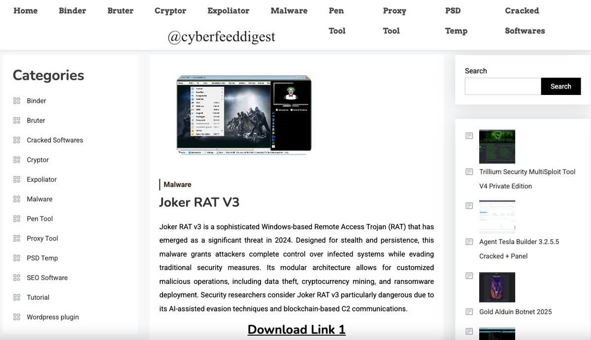cyberfeeddigest's tweet image. 🚨 #Malware Hub Exposed: blackhatexpert[.]com Surfaces as a Toolbox for Cyber Tools 🧰💻

A #darkweb-adjacent site, blackhatexpert[.]com, showcases a wide range of cyber tools categorized under:

🗂️ Categories:

#Binder
#Bruter
#CrackedSoftware
#Cryptor
#Expoliator
#Malware