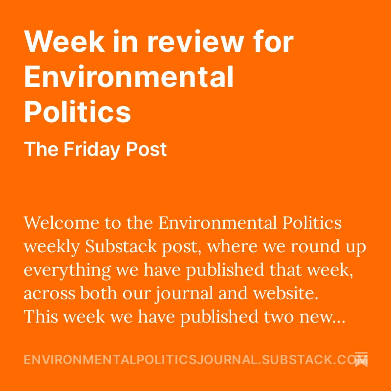 Env_Pol's tweet image. Week in review! Subscribe to our Substack for a short weekly round up.
This week we have published two new research articles.
open.substack.com/pub/environmen…