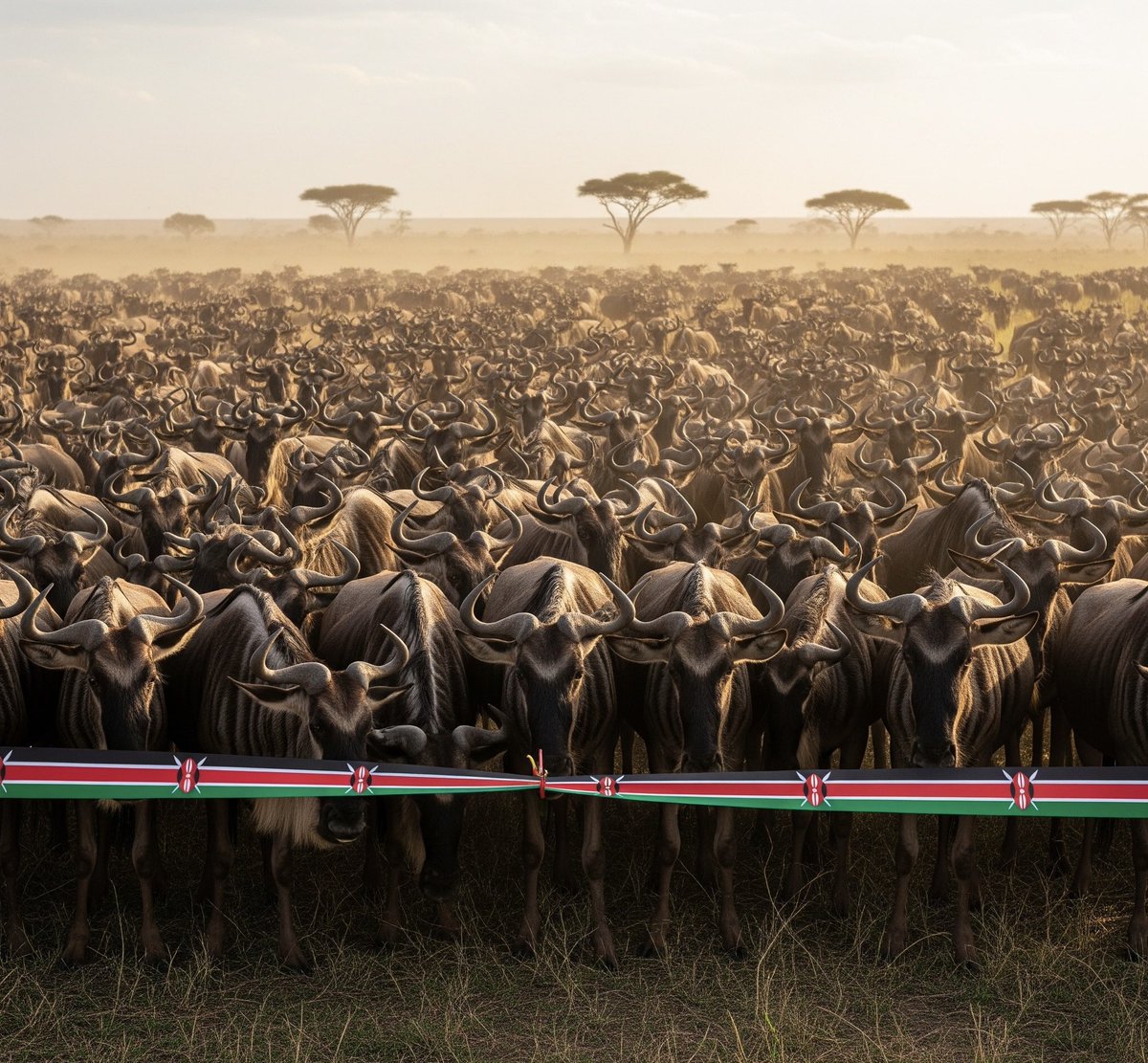 nchoro_'s tweet image. Hey @grok edit this image in such a way that President Ruto appears to flag the migration of these wild animals
