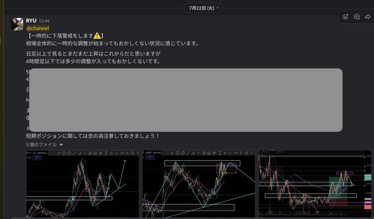 📉【一時的な調整に注意】

7/22の段階で「相場全体に一時的な調整が入ってもおかしくない」と分析。

日足以上ではまだ上昇の流れが続くと思いますが
短期足ではやや過熱感があり、慎重に見ていました。

その後は想定通りの一段安。

▼当時の見立てとチャートメモ

#仮想通貨 #トレード記録 #BTC