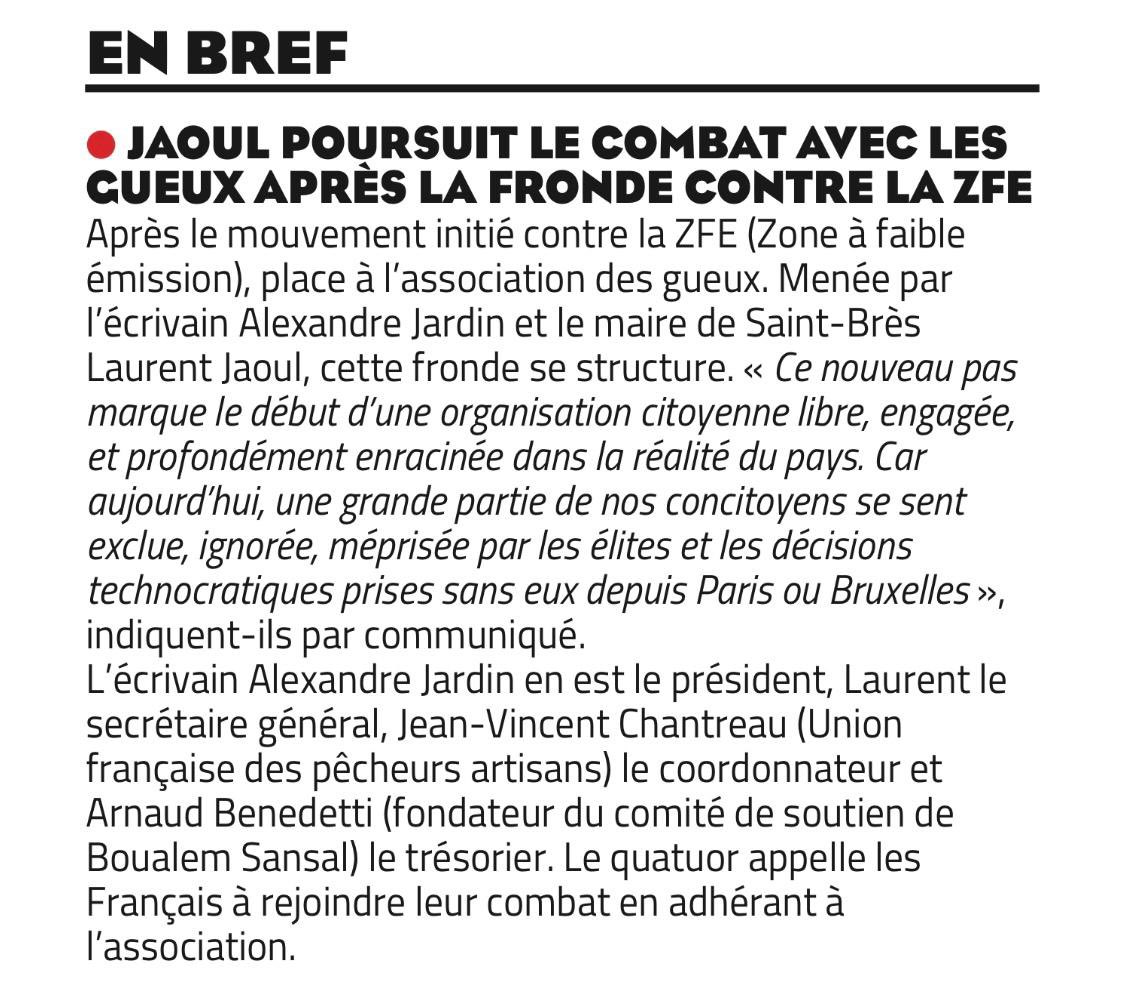 Ému que le <a href="/Midilibre/">Midi Libre</a> salue le rôle fondamental de <a href="/laurentjaoul/">Laurent Jaoul</a> dans l’aventure altruiste ET pugnace des #gueux ! Ce journal fut joua un rôle de premier plan dans le combat égalitaire contre les #ZFE ! Bravo cher grand journal !