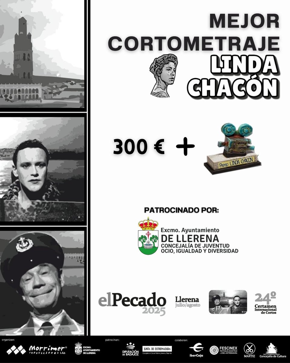 💜 Premio “Linda Chacón” – #ElPecado25
🎬 Reconocimiento al trabajo profesional de la mujer en el cine
💶 300 € + 🏅 Estatuilla

Gracias a la Concejalía de Juventud, Ocio, Igualdad y Diversidad  #Llerena por su apoyo a la igualdad en la cultura 🙌
#MujeresEnElCine #Cortometrajes