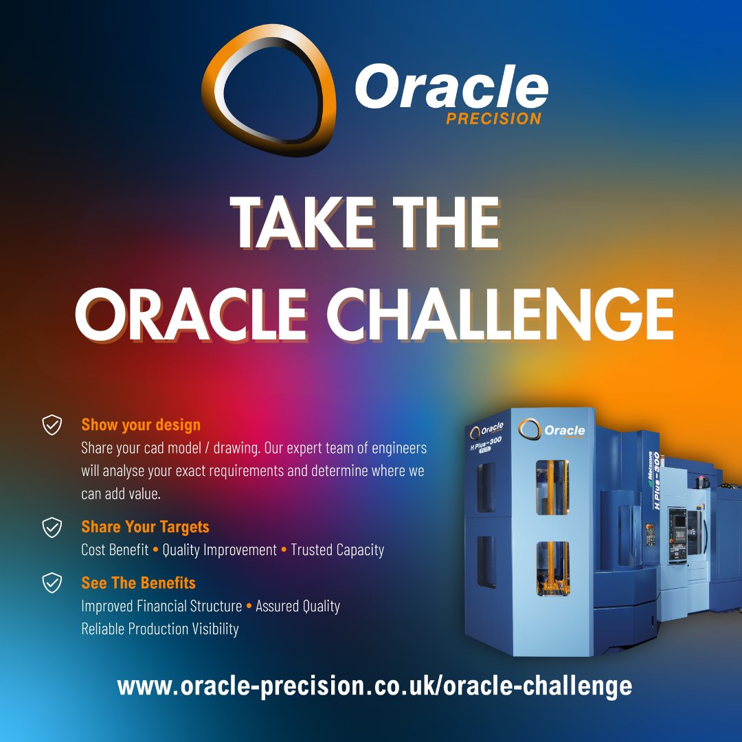 ⚙ TAKE THE ORACLE CHALLENGE ⚙ 
 
At Oracle Precision Ltd, we specialise in transforming your designs into innovative solutions that enhance functionality and efficiency. ✅ 

To Learn more and 'Take The Oracle Challenge' visit: lnkd.in/dCE_M-nk 
 
#cnc #5axis #precision