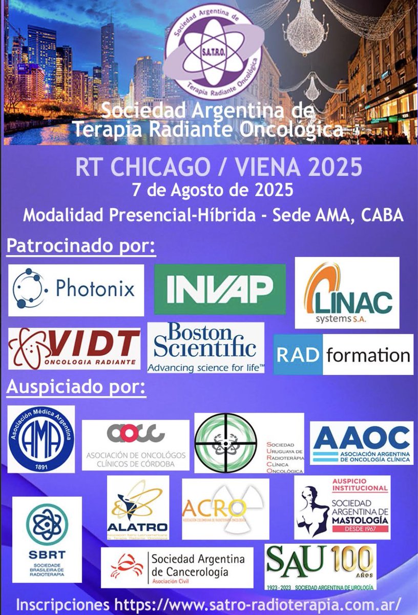 Únete este 7 de agosto a RT Chicago / Viena 2025 organizado por #SATRO a discutir lo más importante presentado en los congresos más importantes de la especialidad.

No te lo puedes perder!

Inscripciones abiertas!
⬇️ ⬇️ ⬇️ ⬇️ ⬇️ ⬇️ ⬇️ ⬇️

satro-radioterapia.com.ar/inscripcion_rt…