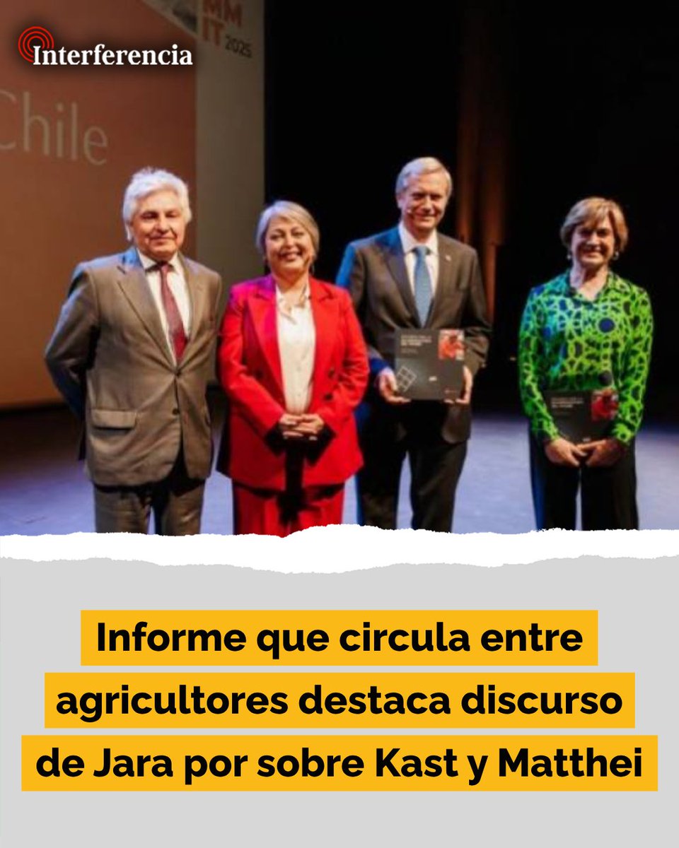 InterferenciaCL's tweet photo. Un documento realizado por asesores del gremio Agricultores Unidos evalúa la participación de Jeannette Jara como la mejor entre los tres candidatos, en el marco del debate presidencial que se dio este martes en el Salmón Summit 2025. “Es la única que propone reglas que podrían abrir espacio para que otros también lleguen arriba”, señala el texto. 👇
https://t.co/Ls35vSZquc