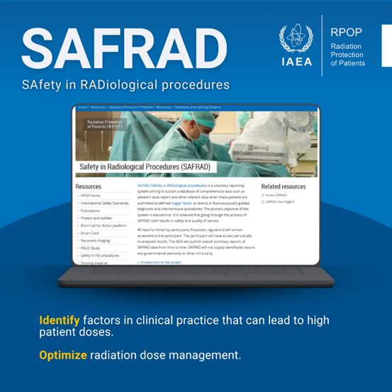 IAEANS's tweet image. 🩺 Are you a healthcare professional in interventional radiology?
SAFRAD (SAFety in RADiological procedures) is an @iaeaorg system designed to help improve patient safety during fluoroscopically guided diagnostic and interventional procedures. With SAFRAD you can:
✅ Submit…