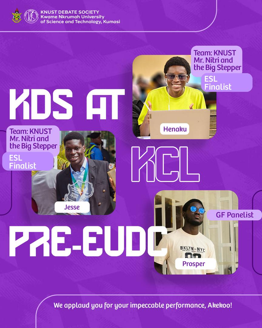 You thought we were done⁉️
Siiiike; 🙂‍↔️ KDS came in hot at KCL Pre-EUDC where Henaku and Jesse (2nd breaking ESL team) made ESL finals and Prosper judged the Open Grand Finals. 

To Henaku the streak master, Jesse and Prosper, Ayekoo ! 🙌🏾