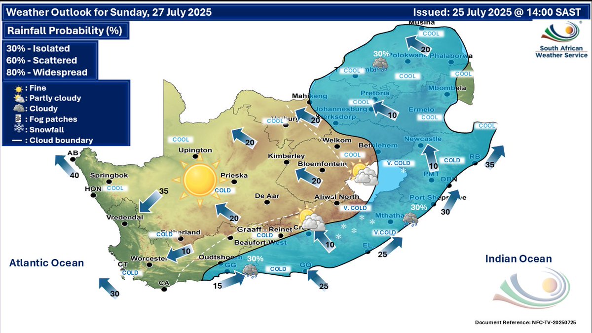 SAWeatherServic's tweet image. Extended weather forecast for Sun and Mon, 27-28 Jul 2025: Partly cloudy and cold to cool with 30% showers and rain in the E and S parts of RSA on Sunday. Light snowfall is possible over the mountain peaks of the E.Cape. On Monday, 30% showers and rain is expected in the NW parts