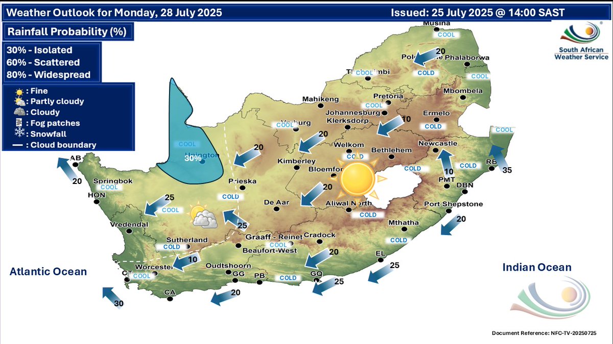 SAWeatherServic's tweet image. Extended weather forecast for Sun and Mon, 27-28 Jul 2025: Partly cloudy and cold to cool with 30% showers and rain in the E and S parts of RSA on Sunday. Light snowfall is possible over the mountain peaks of the E.Cape. On Monday, 30% showers and rain is expected in the NW parts