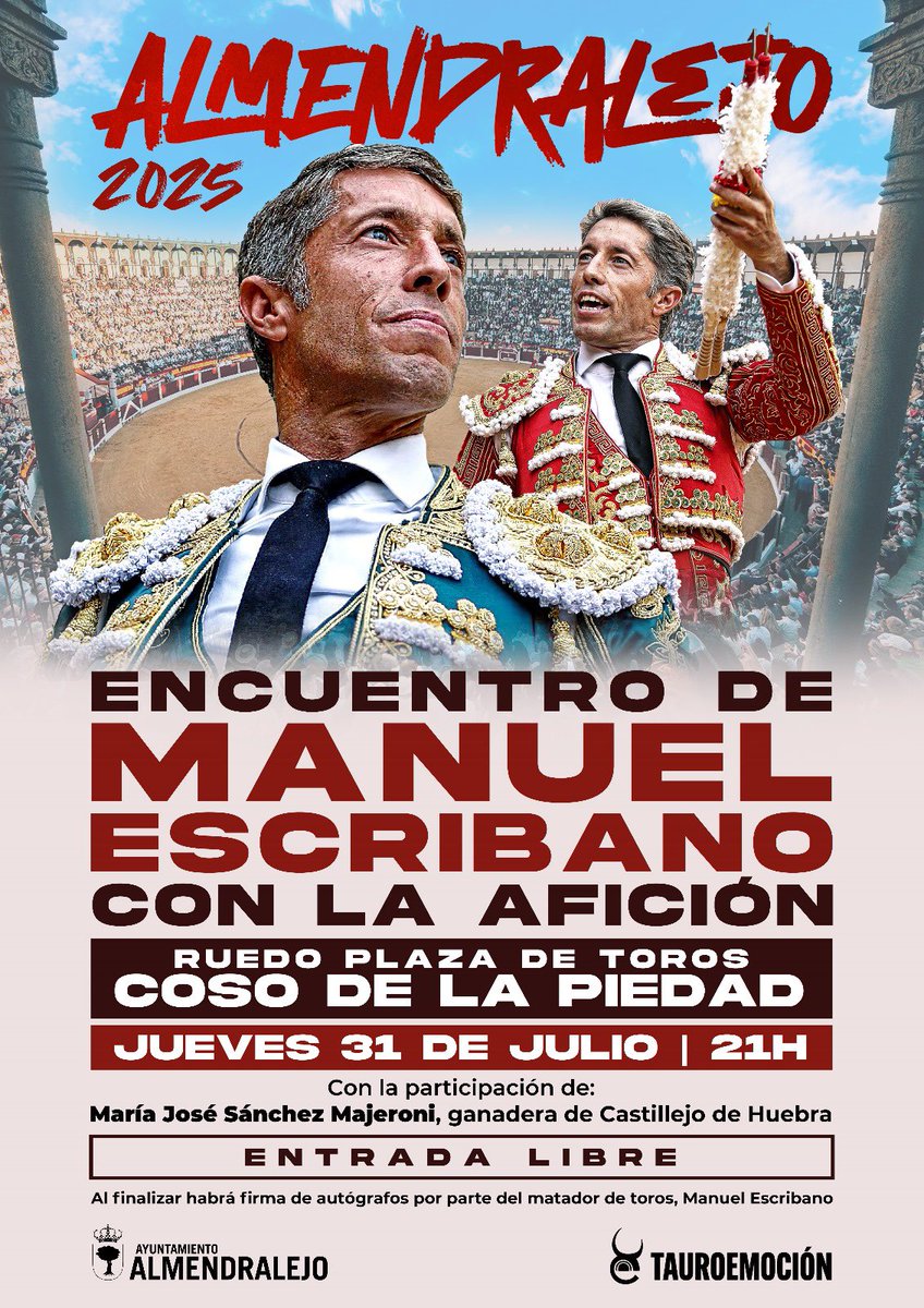 Tauroemoción Extremadura (@tauroemocionext) on Twitter photo ð£ïžðïžEncuentro del torero ð ðð¡ðšðð ððŠðð¥ðððð¡ð¢ con los aficionados de Almendralejo.
También con la presencia de la ganadera, ð ðð¥ðÌð ðð¢ðŠðÌ ðŠðÌð¡ðððð. ð
ðšÂ¡ðð£ðšð¡ð§ð ðð ððððð! Entrada libre. ð£ïžðïžEncuentro del torero ð ðð¡ðšðð ððŠðð¥ðððð¡ð¢ con los aficionados de Almendralejo.
También con la presencia de la ganadera, ð ðð¥ðÌð ðð¢ðŠðÌ ðŠðÌð¡ðððð. ð
ðšÂ¡ðð£ðšð¡ð§ð ðð ððððð! Entrada libre.