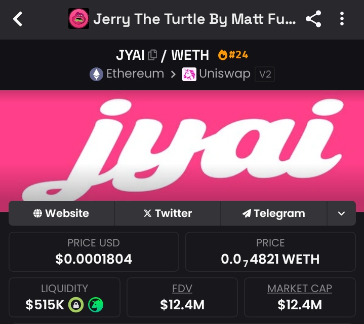 cryptoraiyan's tweet image. Been watching $JYAI for a while now 👀
7 months old, $12.4M MC, and still holding strong in the meme lane.
Not just another copy-paste meme coin — this one’s got community juice and actual staying power.
Feels like one of those projects that quietly 5-10x while everyone’s busy