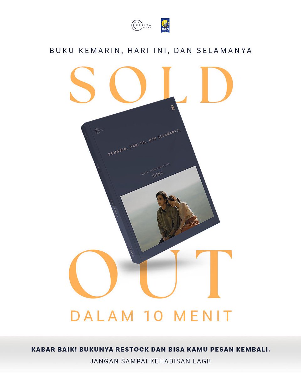 ceritafilms's tweet image. SOLD OUT! 🥳
Buku Kemarin, Hari ini dan Selamanya habis dalam 10 menit! 🎉
Kabar baik! Bukunya sudah restock dan bisa kamu pesan lagi, kali ini jangan sampai kehabisan ya!
Masih di link ini yaa: linktr.ee/openPObukuSore
Terima kasih yaa, teman-teman atas antusiasnya 🥹🧡
#Sore…