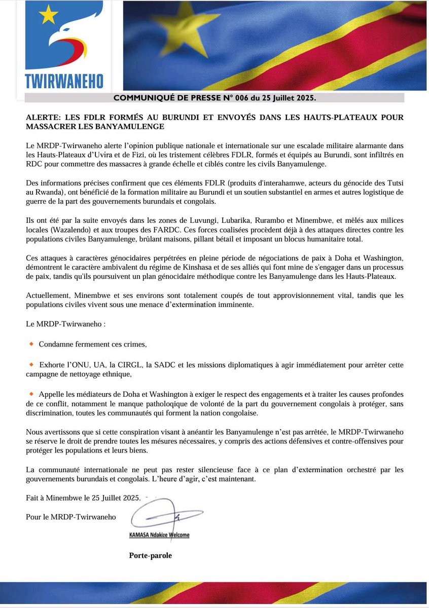 🚨 ALERTE | PLAN D'EXTERMINATION EN MARCHE 🚨

Les #FDLR formés au #Burundi et envoyés en #RDC attaquent les villages #Banyamulenge avec l’appui des #FARDC et milices #Wazalendo.

Nous appelons la communauté internationale à agir avant qu’il ne soit trop tard.

Lire notre