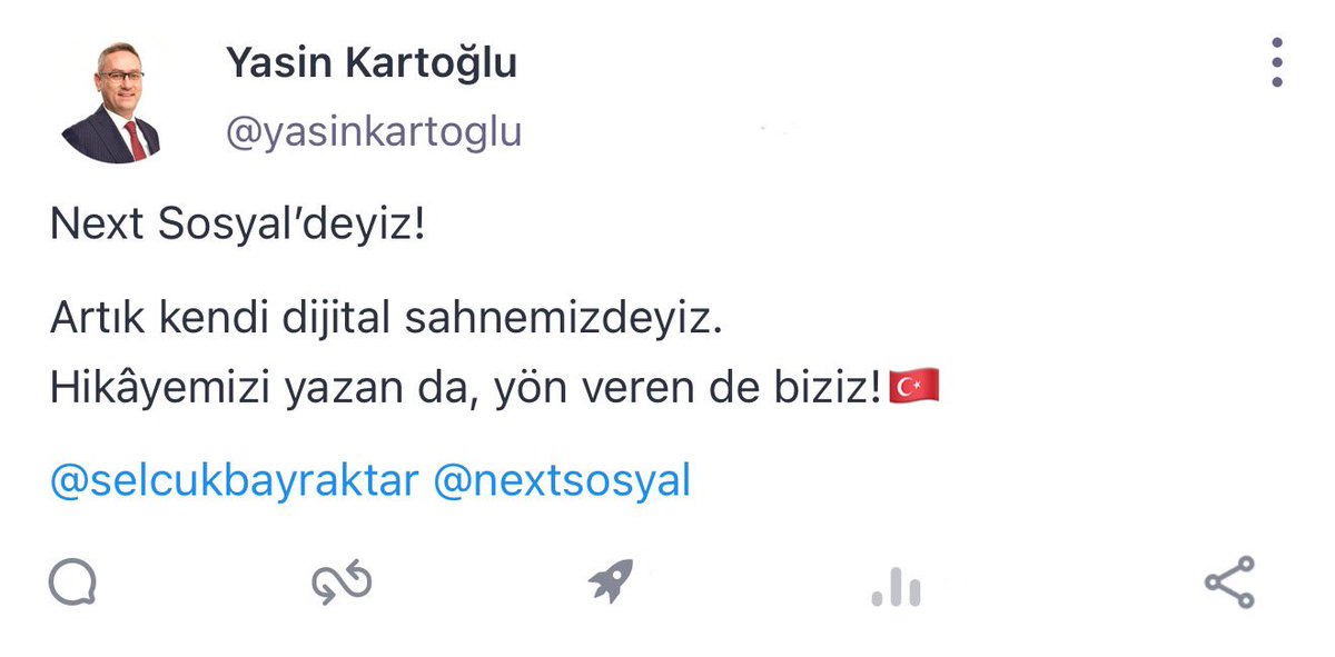 Yerli ve Milli sosyal medya platformumuz Next Sosyal hayırlı olsun.🇹🇷🚀

📲 Artık ben de NEXT’teyim! 🇹🇷 👇
sosyal.teknofest.app/@yasinkartoglu

Teşekkürler Sn. @selcuk 👏🏻