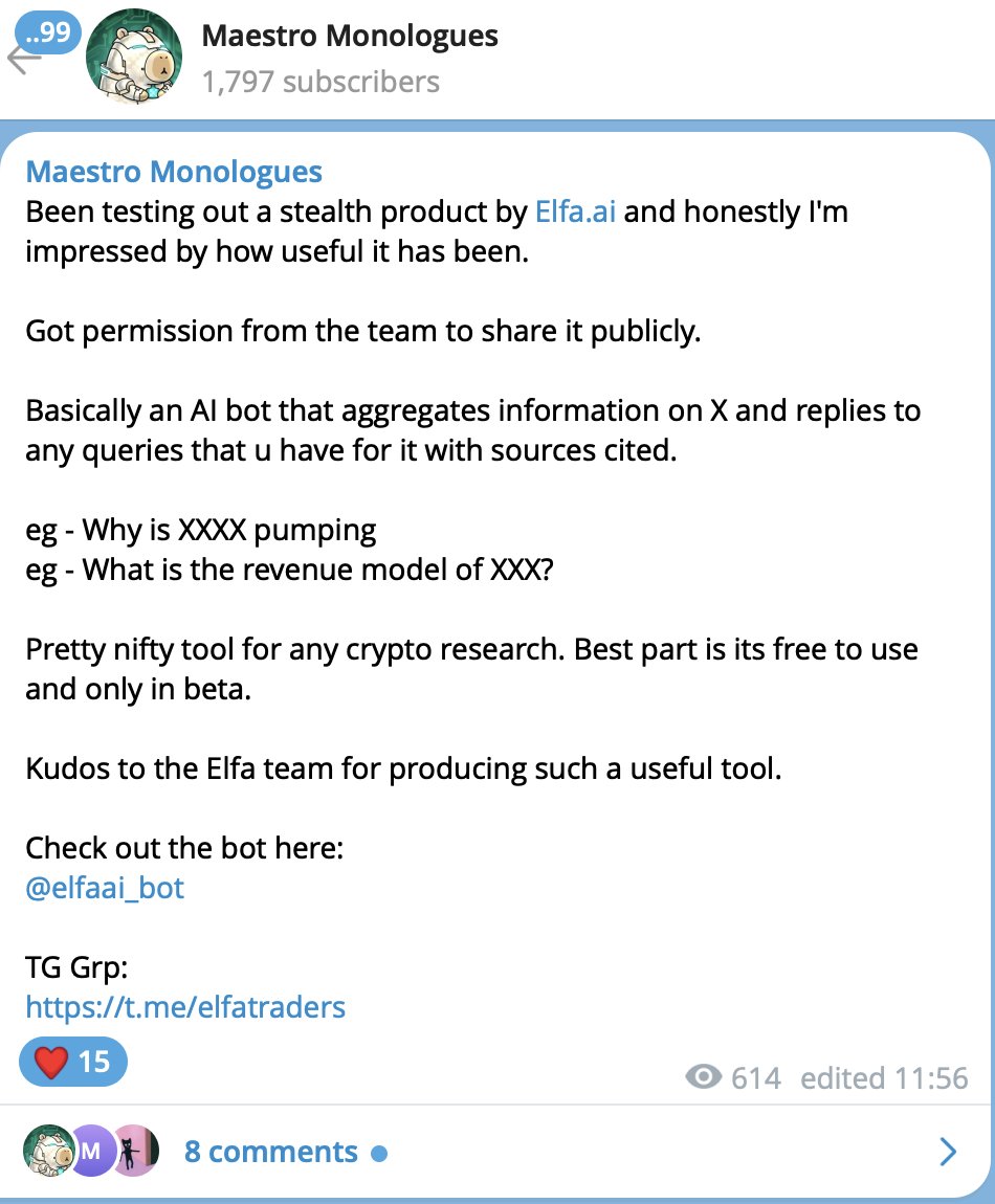 shu_bit_'s tweet image. the best thing about Elfa is that it encourages me to take action
because I get to learn things I wouldn't have searched for otherwise if I didn't ask Elfa
ask whatever with /elfa and get info about tokens, people, markets, just anything really
then go to the…