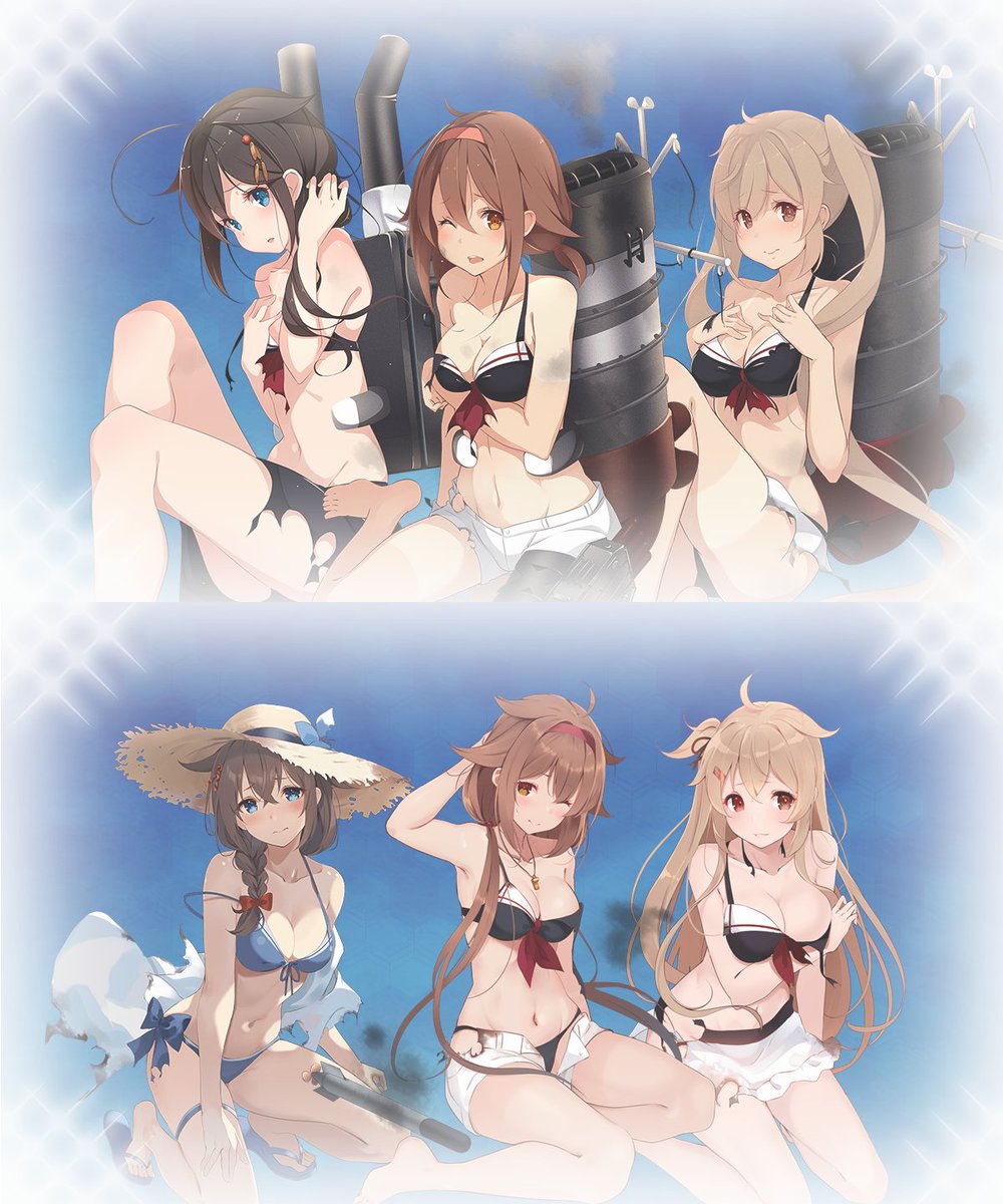 suikun98's tweet image. 水着白露時雨村雨によるトリプル中破まとめ

日焼け跡のある上の白露村雨も好き