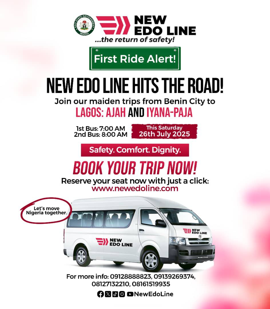 NewEdoLine's tweet image. New Edo Line Hits the Road!
We’re excited to announce the official maiden trips of New Edo Line, your new standard in safe and dignified road transport.
📍 Route: Benin City to Lagos: Ajah and Iyana-Ipaj
📅 Date: Saturday, 26th July 2025
Enjoy premium transport with a focus.