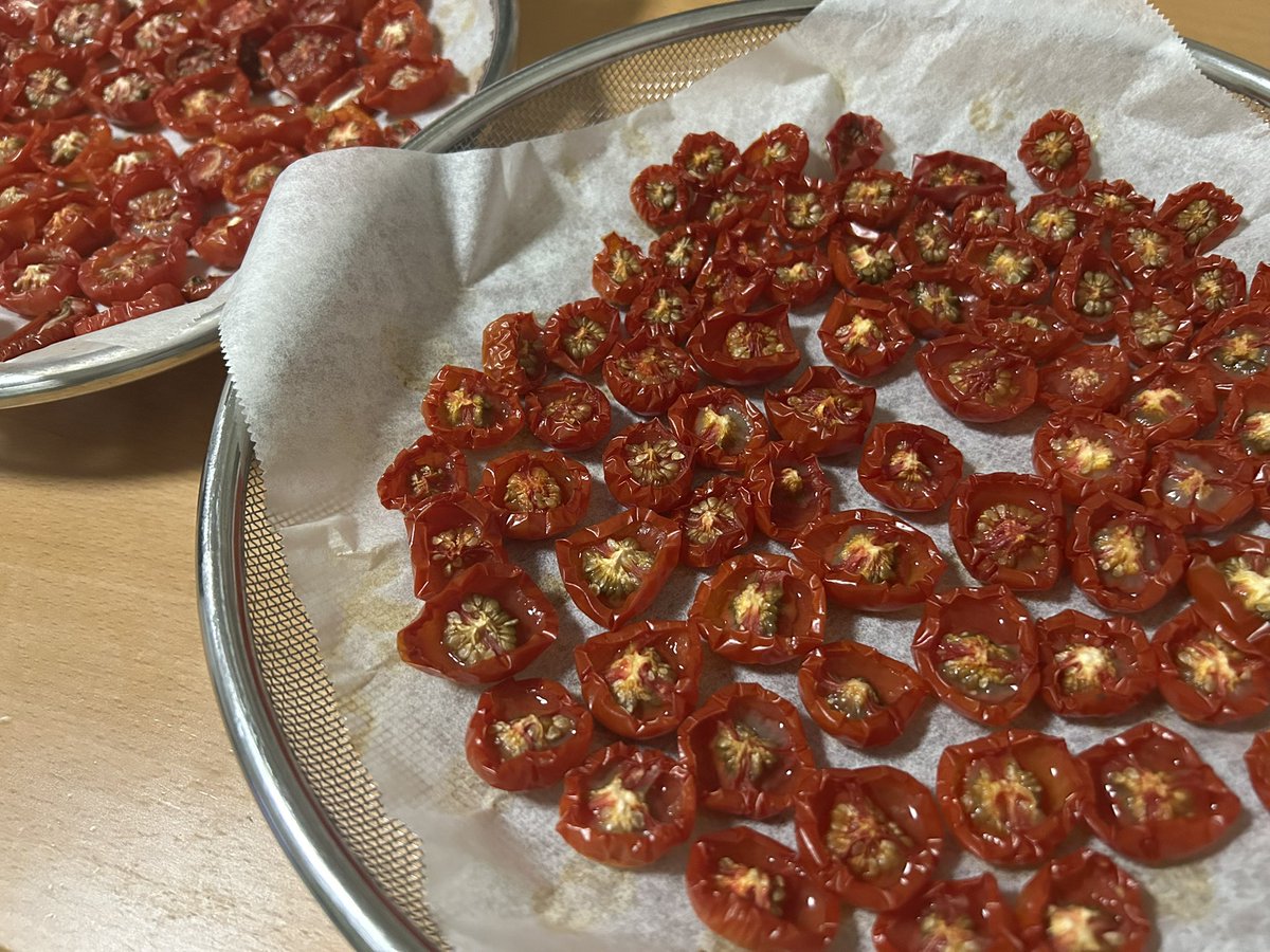 QE3PNkX7IEZPrBh's tweet image. 家庭菜園7月25日
先週収穫した🍅中玉トマト&🍅ミニトマトをオーブン&天日干しで
ドライトマトに…していもらったっす✌️
→🫒オリーブオイルで漬る予定