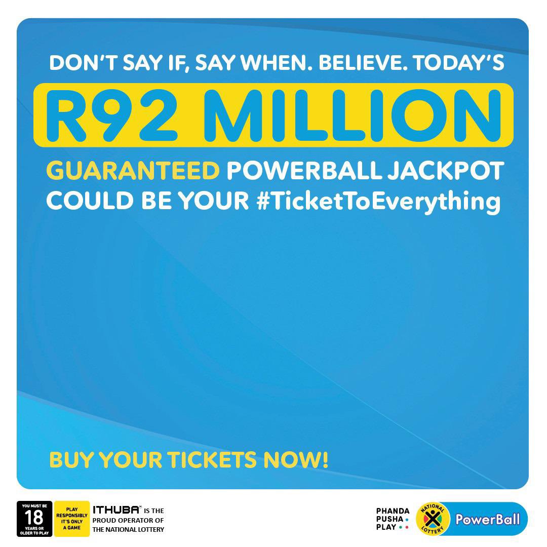 sup3rsun's tweet image. Another day another dollar with Powerball💸🤞🏾🔥 Try you luck this Friday and you could be the lucky winner!
Get tickets NOW in-store, on nationallottery.co.za, the Mobile App, via cellphone banking or dial *120*7529# for USSD.
#TicketToEverything
#GuaranteedR92Million