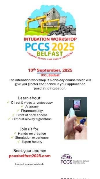 PICSociety's tweet image. Spotlight on #pccs2025 pre-conference workshops
The Intubation Workshop is for anyone who might be involved in intubating a child, and is delivered by @PaedEmergencies faculty
Review the programme and book the course at this link
pccsbelfast25.com
#pedsicu #giantsteps