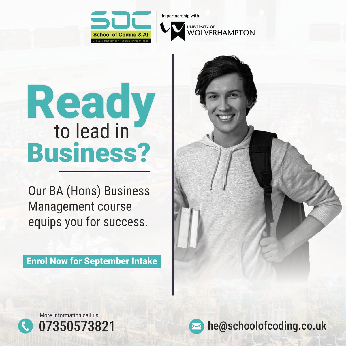 schoolofcoding's tweet image. 🚀 Looking to step into a leadership role in the world of business?

📅 September intake now open!
📞 Contact us on 07350 573821
📩 Or email: he@schoolofcoding.co.uk

#BusinessManagement #UniversityOfWolverhampton #HigherEducation #SeptemberIntake