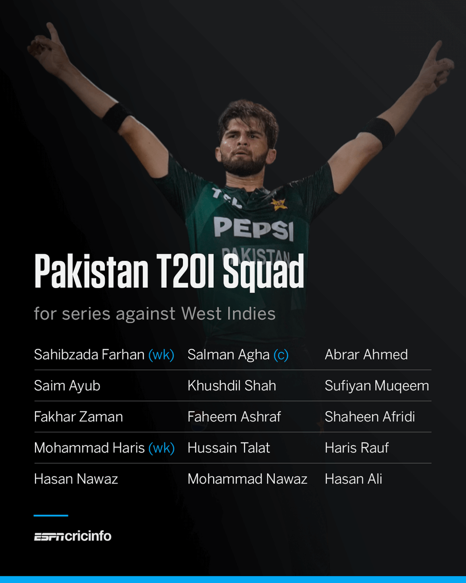 cricinfo's tweet photo. Shaheen Shah Afridi makes a return to the T20 setup while Hasan Nawaz gets a maiden ODI call up 

Pakistan will play three T20Is in Lauderhill followed by three ODIs in Trinidad 🌴 

Read more: https://t.co/Z5vl00uhe8 | #WIvPAK https://t.co/7PqugcRd2h